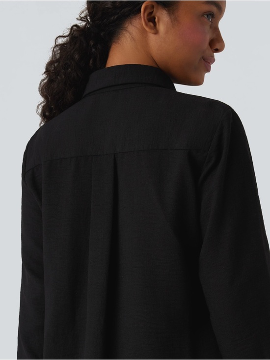 Halara Linen-Feel Button Down Shirt Black Long Sleeve Curved Hem NWT M - Picture 6 of 7